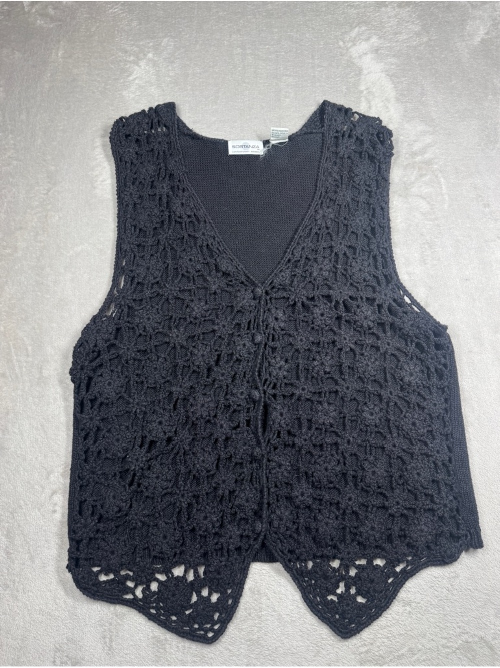 Vintage Sostanza Crochet Black V Neck Buttoned Front Sleeveless Boho Vest Large